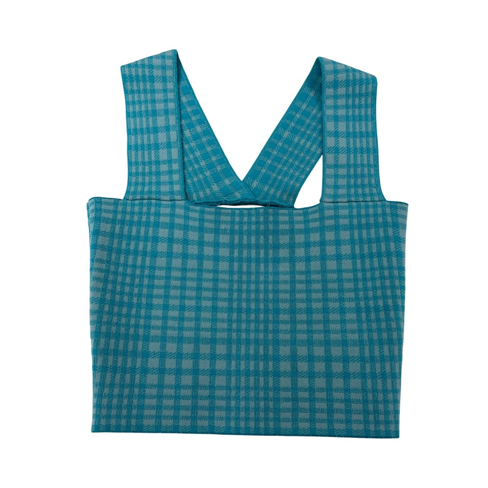 Listicle Teal Plaid Knit Crop Tank Top Womens Small Cross Back Preppy Y2K Indie